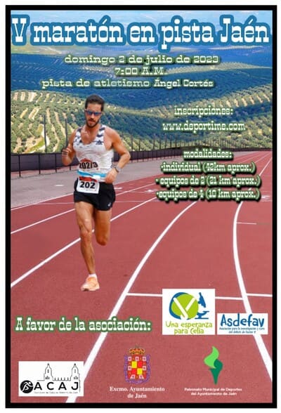 Cartel de V Maratón en pista Jaén, en beneficio a la investigación del déficit de factor v.